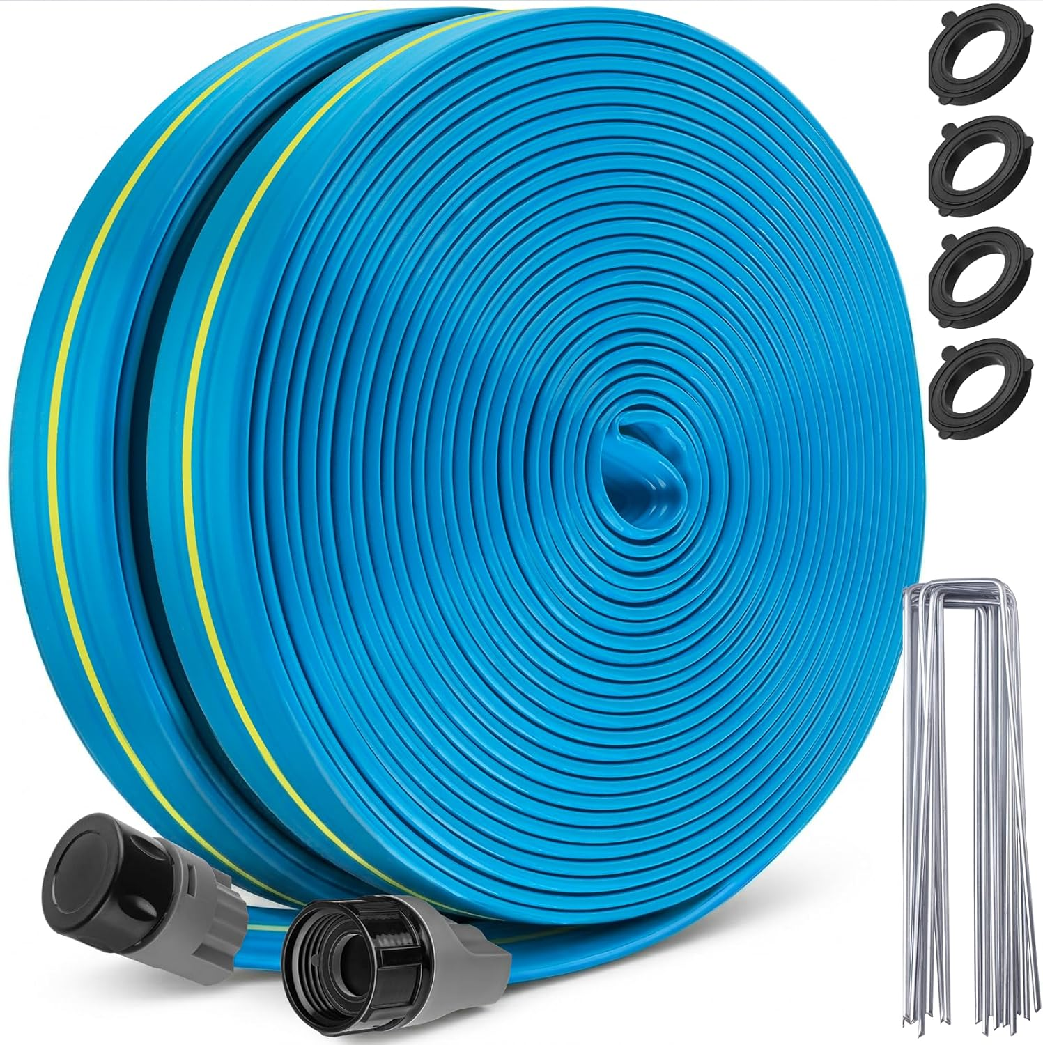 Upgrade Flat Sprinkler Soaker Hose for Garden 100FT, Heavy Duty 3-Tube Lawn Irrigation Hose with Landscape Stakes, No-Kink Flexible Watering Hose for Yard, Plants (50FT X 2Packs)