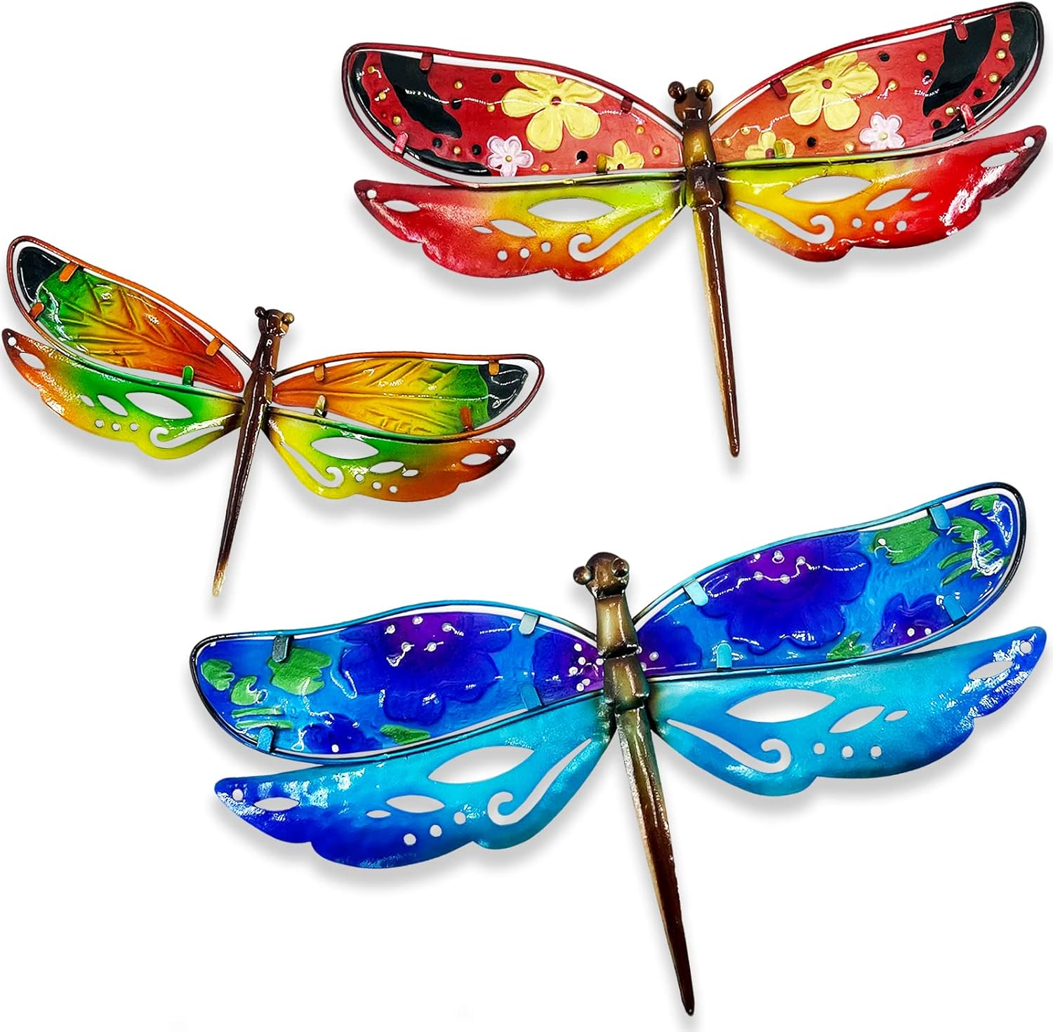 Dragonfly Wall Decor Outdoor Metal Garden Hanging Art Glass Sculptures Home Insect Theme Decorations for Living Room, Bedroom Yard, Fence and Patio - 3 PCS