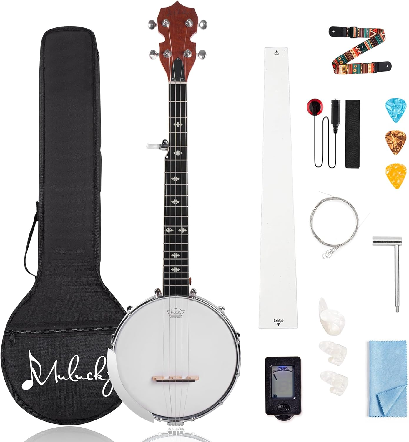 5 String Banjo Mini - 26 Inch Travel Banjo Sapele Body Closed Solid Back Beginner Kit with Gig Bag Picks Strings Strap - B807