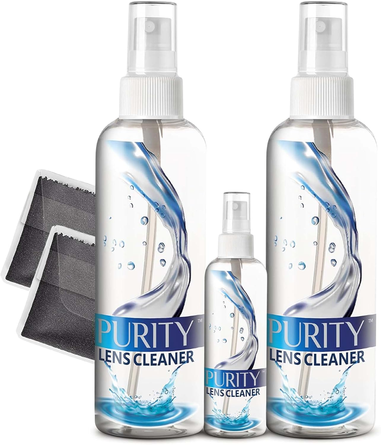 Purity Eyeglass Lens Cleaner Kit - 2 X 8Oz and 1 X 2Oz Lens Cleaner Spray Bottle + 2 Microfiber Cleaning Cloths - Safe for All Lenses (AR Coated Included), Eyeglasses and Screens - Clear
