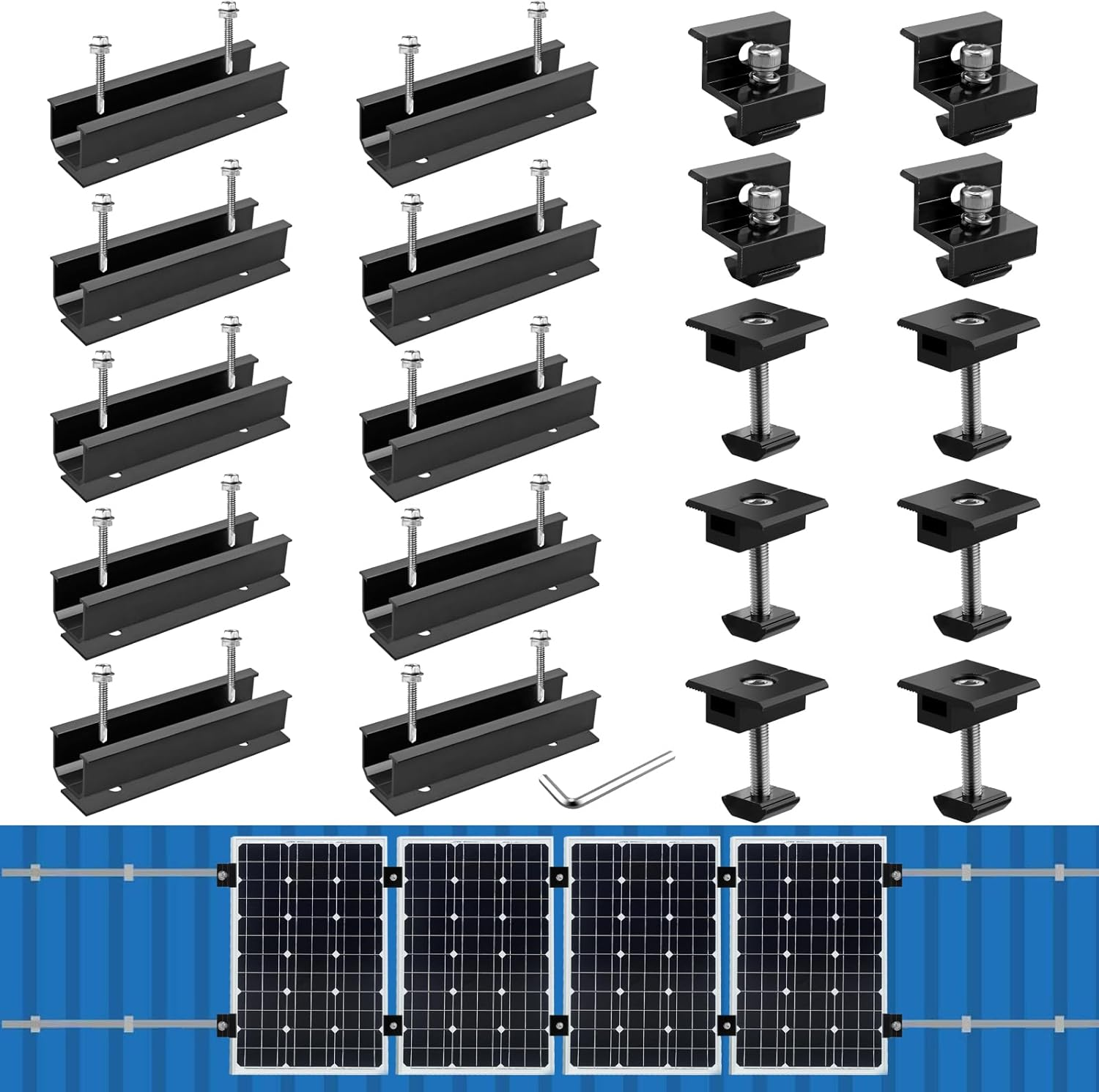 Solar Panel Mounting Brackets, Included 10 X 4.72 in Rails + 4 End Clamps + 6 Center Clamps + 1 Wrench, Aluminum Solar Mounting Kit for 4 Panels, Waterproof, for Roof, RV, Boat, Black