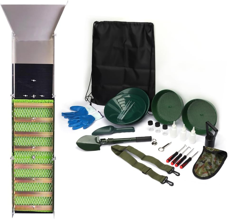 27Pcs Complete Gold Panning Kit with 50" Portable Folding Sluice Box Includes Gold Pan, Classifier Screen, Separating Magnet, Pay Dirt Scoop, Crevice Tools, Drawstring Backpack and Other Accessories
