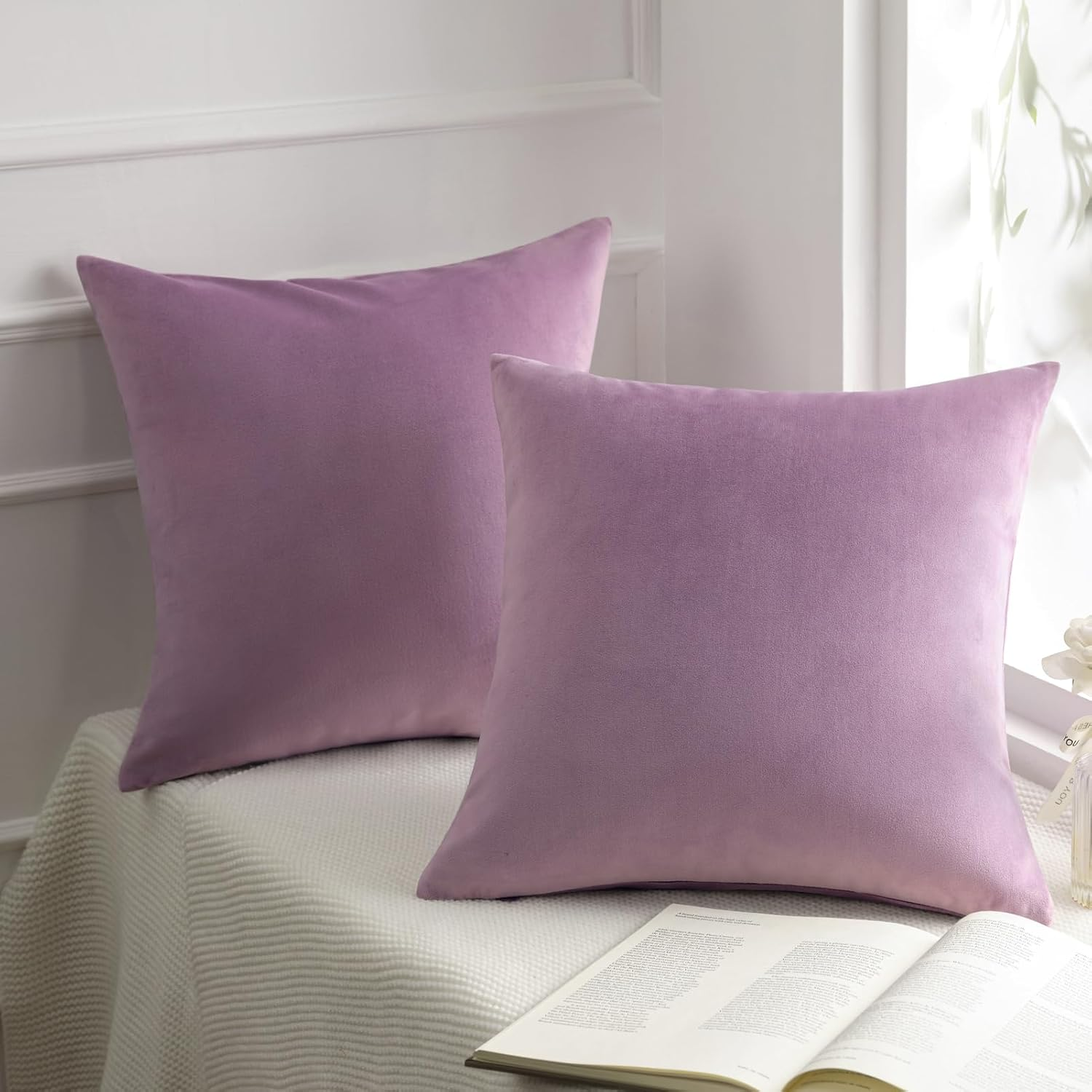 Pack of 2 Velvet Decorative Throw Pillow Covers Soft Solid Square Cushion Case for Couch Light Purple 18 x 18 inches 45 x 45 cm