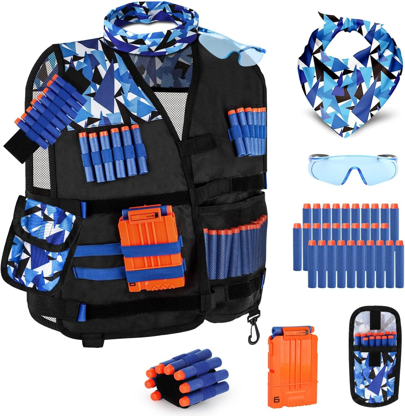 Tactical Vest Kit for Nerf N-Strike Elite - Includes 30 Darts, Mask, Reload Clips & More - Perfect for Boys & Girls (Blue)