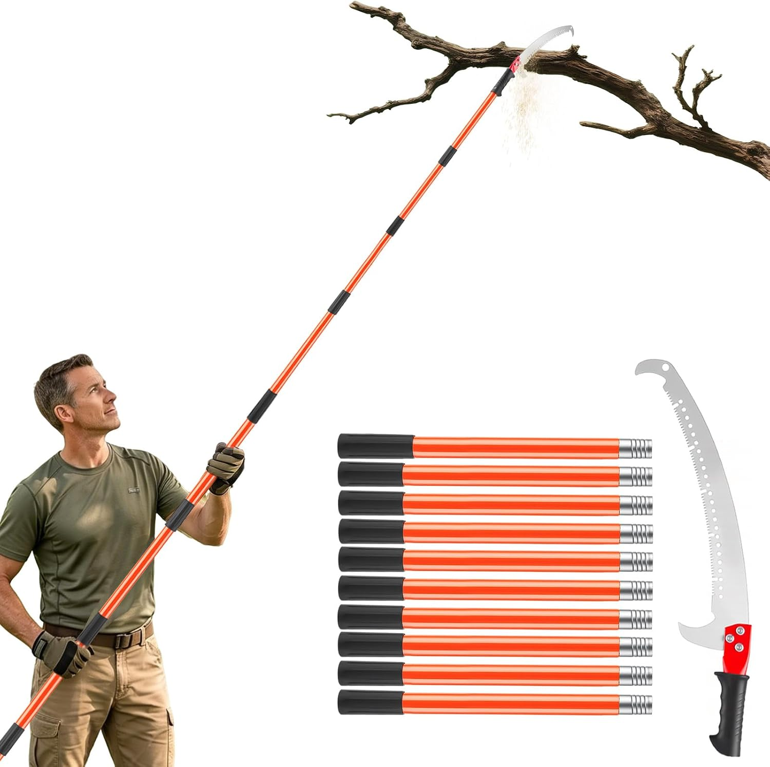 14.5FT Pole Saw for Tree Trimming, Extendable Manual Pruning Saw with Sharp Mn Steel Blade, Lightweight Long Reach Tree Trimmer & Branch Cutter for Yard Palm & Limbs