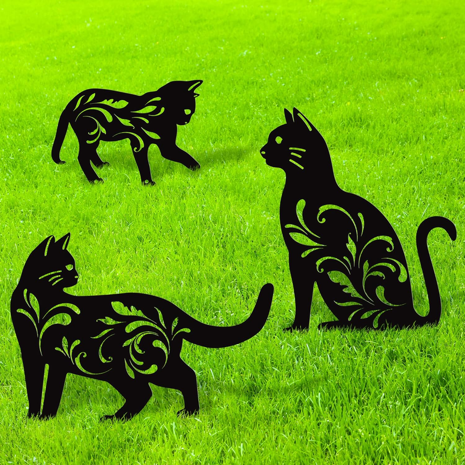 3 Pack Metal Cat Garden Statues Black Cat Silhouette Cats Decorative Stakes Garden Outdoor Statues Animal Stakes for Yard Decor and Lawn Ornaments
