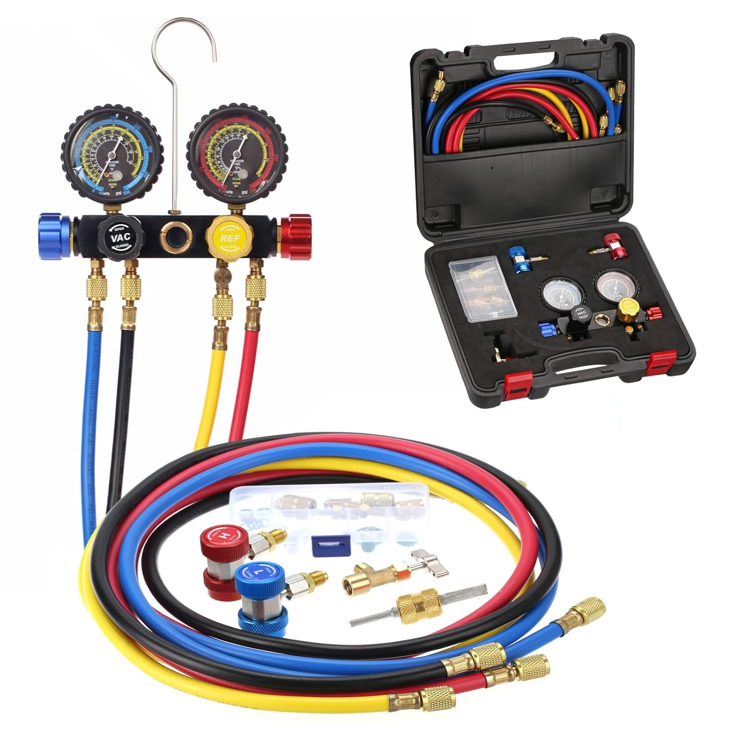 4-Way AC Manifold Gauge Set for R22, R134A, R410A Refrigerants, with Quick Couplers, Adapters, Puncturing Can Tap Tools for AC Maintenance, Includes EV Cotton Lining and Storage Case