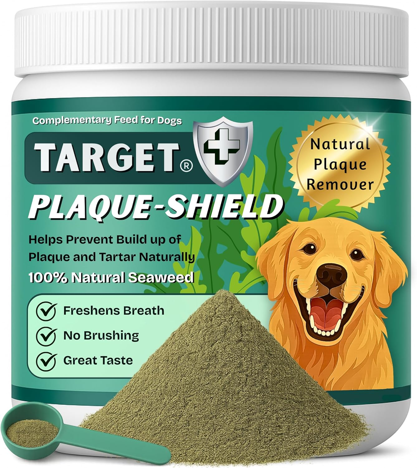 Plaque Shield | Seaweed Dental Powder for Dogs |150G | Helps Reduce Plaque & Tartar Build-Up, Fresh Breath Support | Dog Toothpaste & Toothbrush Alternative | Dental Stick Included