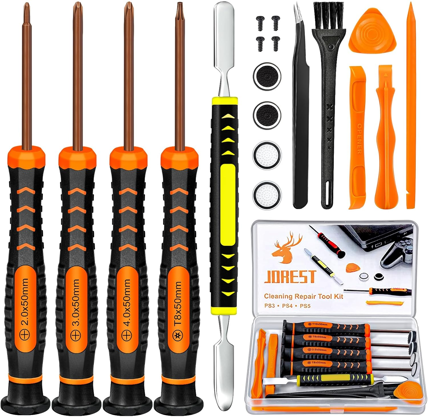 JOREST Cleaning Repair Tool Kit for PS5 PS4, with PH00 PH0 PH1 Phillips and T8 Torx Security Screwdriver Set for Sony Playstation 3/4/5 Controller, Console, and Accessories, Crowbars, Tweezer, Screws