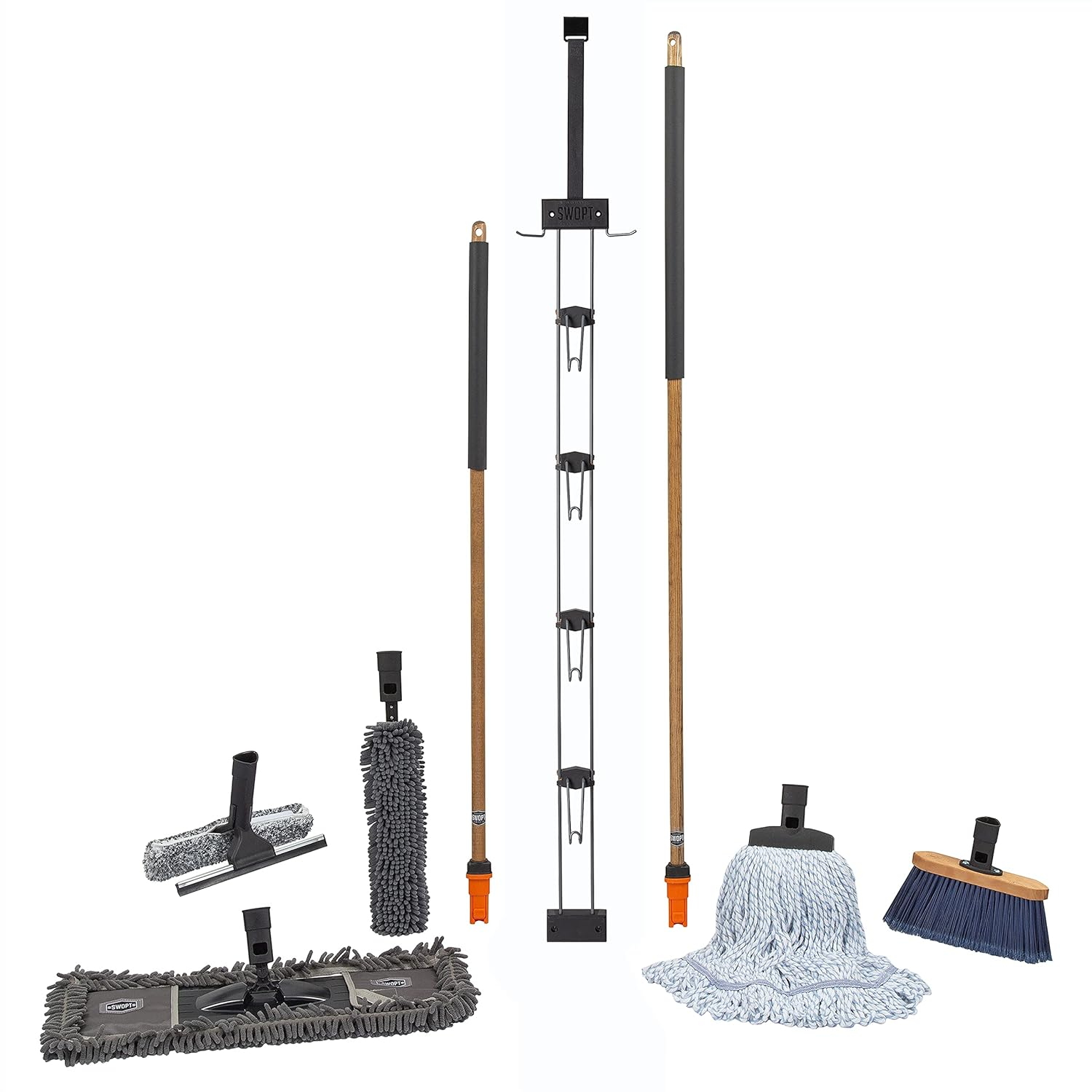 7-Piece Ultimate Indoor Kit — Includes 48” and 60” Wooden Handles, Dust Mop, Cotton Mop, Angle Broom, Flexible Duster, Window Squeegee, and Organizer — Everything You Need to Clean Indoors