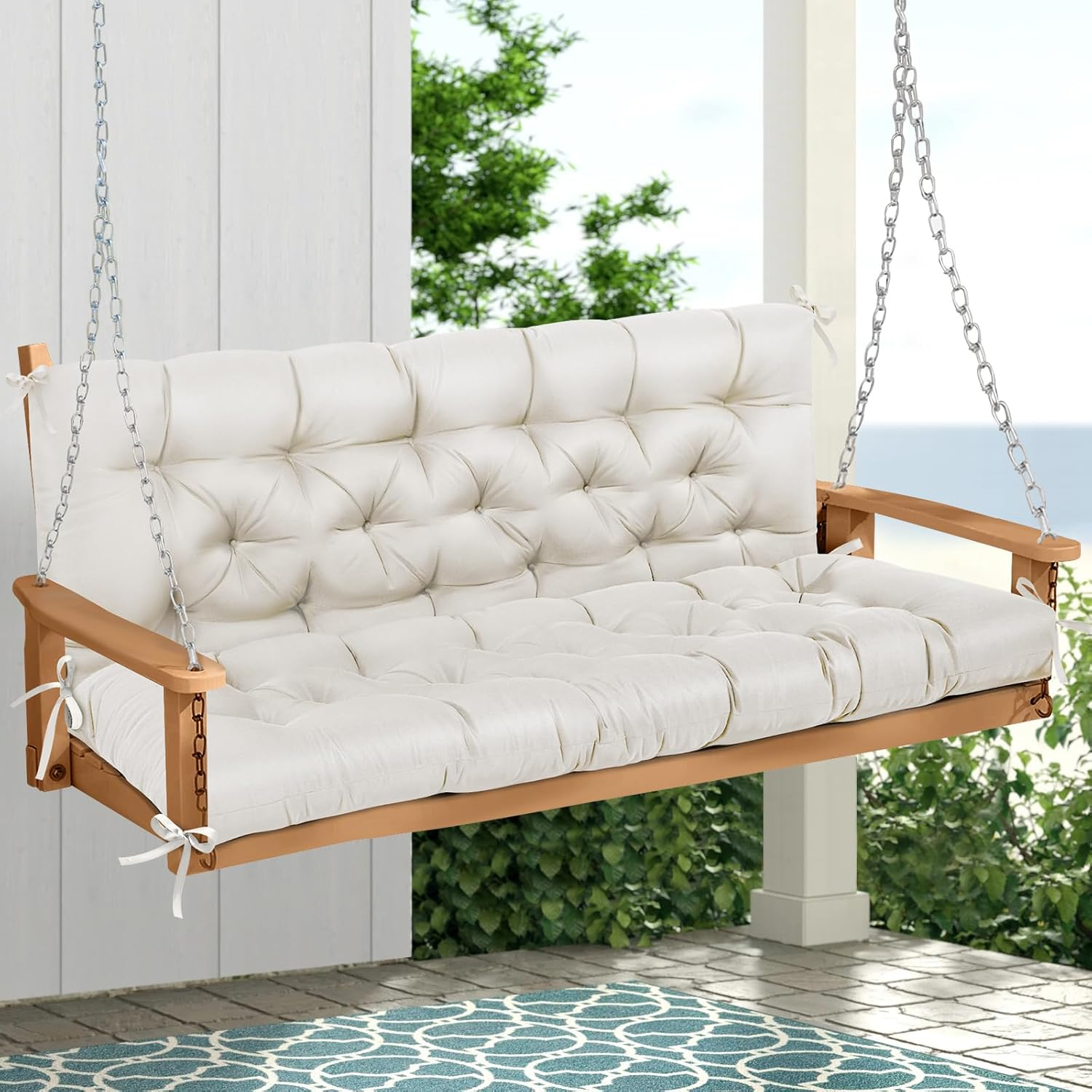 Porch Swing Cushions, Memory Foam Swing Cushion for Outdoor Furniture, Water-Repellent Patio 2-3 Seater Cushion Replacement with Headrest for Swing Chair, 60X40 Inch (Antique White)