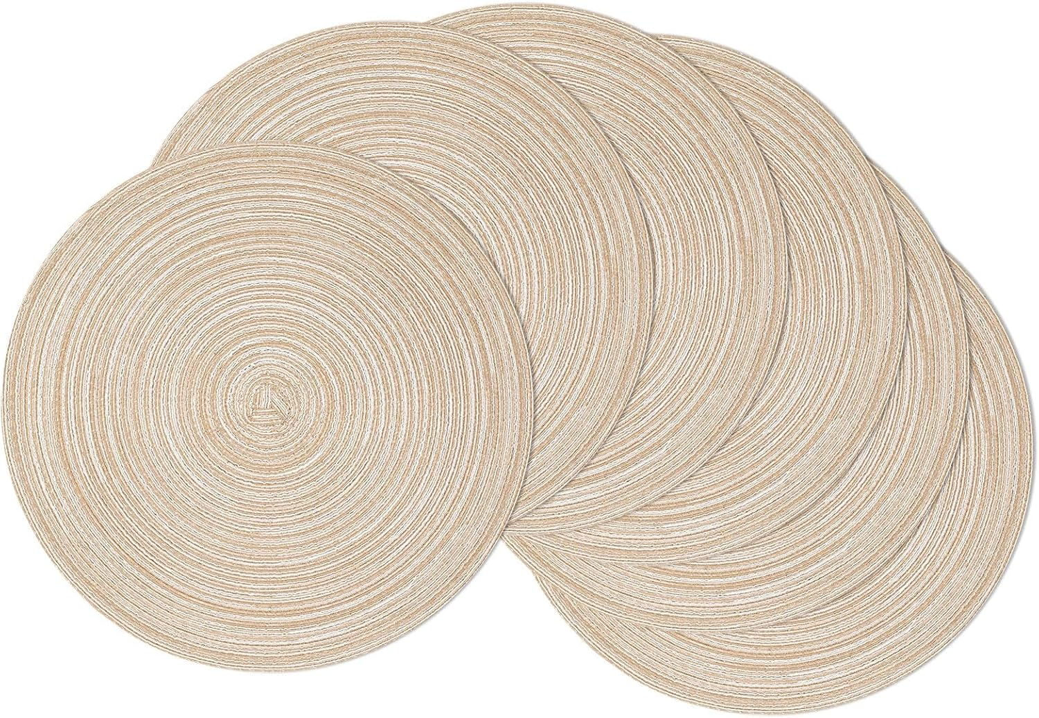 15 Inch round Placemats Set of 6, Cotton Polyester Woven Braided Place Mats, Washable Heat Resistant Circle Table Mats Dining Table Decor (Beige, 6)