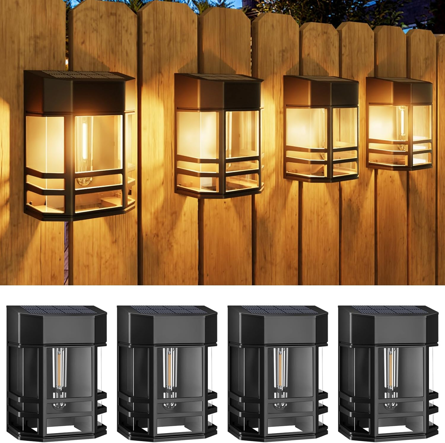 4 Pack Solar Fence Lights, Retro Solar Powered Deck Lights Outdoor Waterproof with Edison LED Bulbs, Solar Wall Lights Outdoor Solar Lights for Fence Garden Post Patio Yard Decor, Warm White