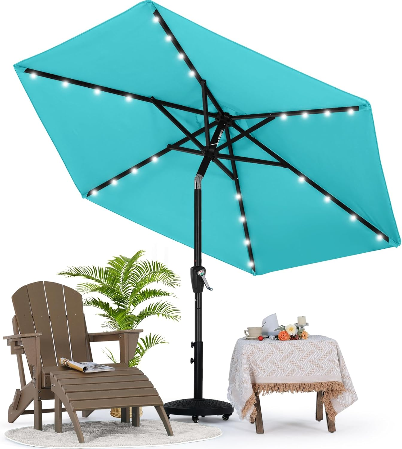 Patio Umbrella with Solar LED Lights for Outdoor Market Table (7.5Ft,Turquoise)