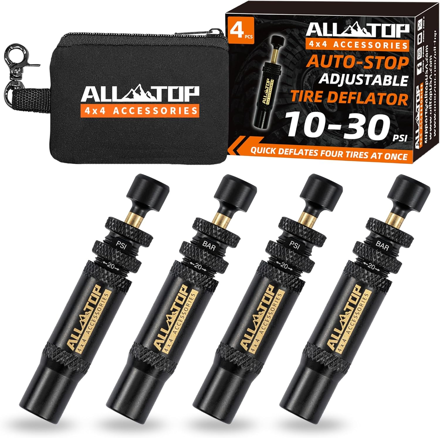 ALL-TOP Adjustable Auto-Stop Tire Deflator Valve Kit (10-30 PSI) 4 PCS Screw-On Tyre Air down Tool for Offroad 4X4 (With 5 Valve Caps)