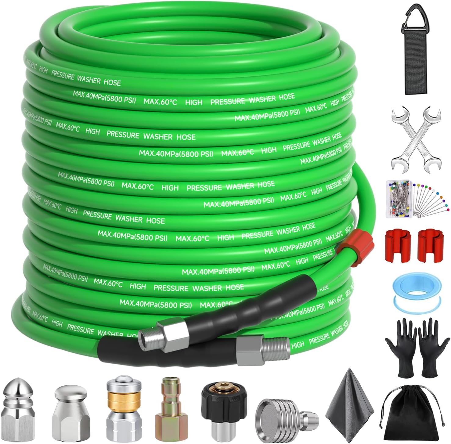 Sewer Jetter Kit for Pressure Washer 100 Ft，Drain Cleaner Hose 1/4 Inch NPT Corner with Pressure Washer Tips, Button Nose and Rotating Sewer Jetting Nozzle, Spanner Teflon Tape Pearl Corsage Pin