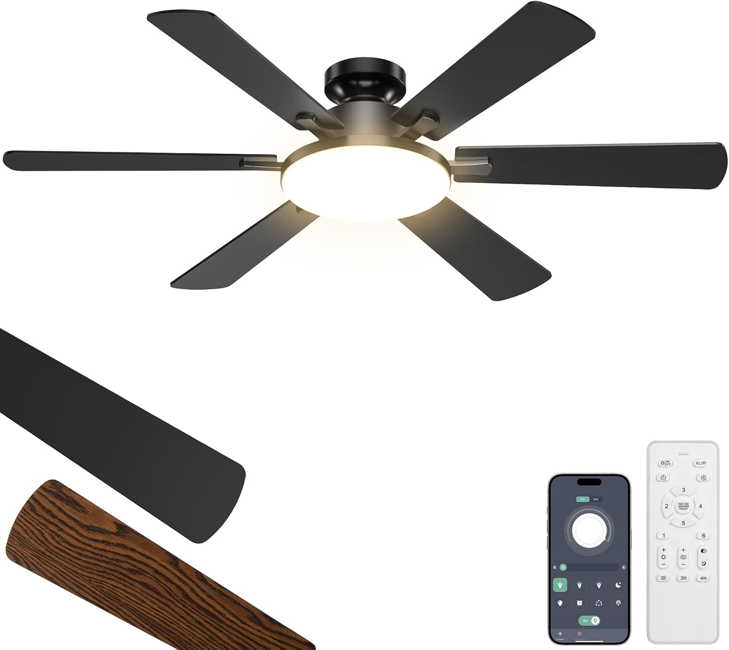 52 Inch Ceiling Fans with Lights, Upgraded 6 Blades Ceiling Fan with Light Remote, Quiet 6 Speed Reversible DC Motor, Modern Design, Flush Mount, 3CCT Dimmable LED, Double Sided for Bedroom Livingroom