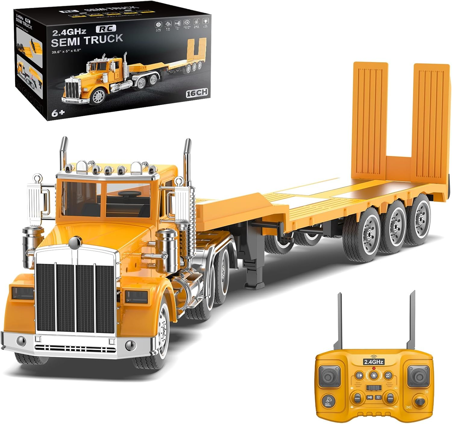 39.6" 16-Channel Giant RC Semi Truck with Flatbed Trailer(2026 Upgraded)