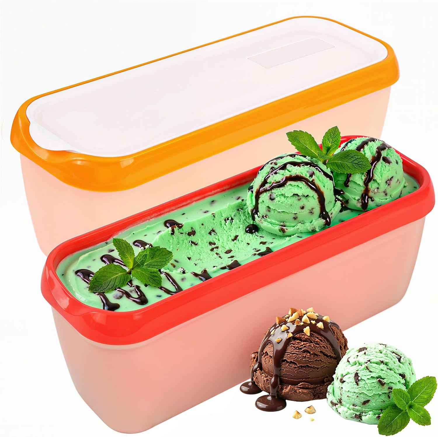 2 Pack Ice Cream Tubs with Lids, Reusable Freezer Storage Containers, Perfect for Homemade Ice Cream Meal Prep Red Orange