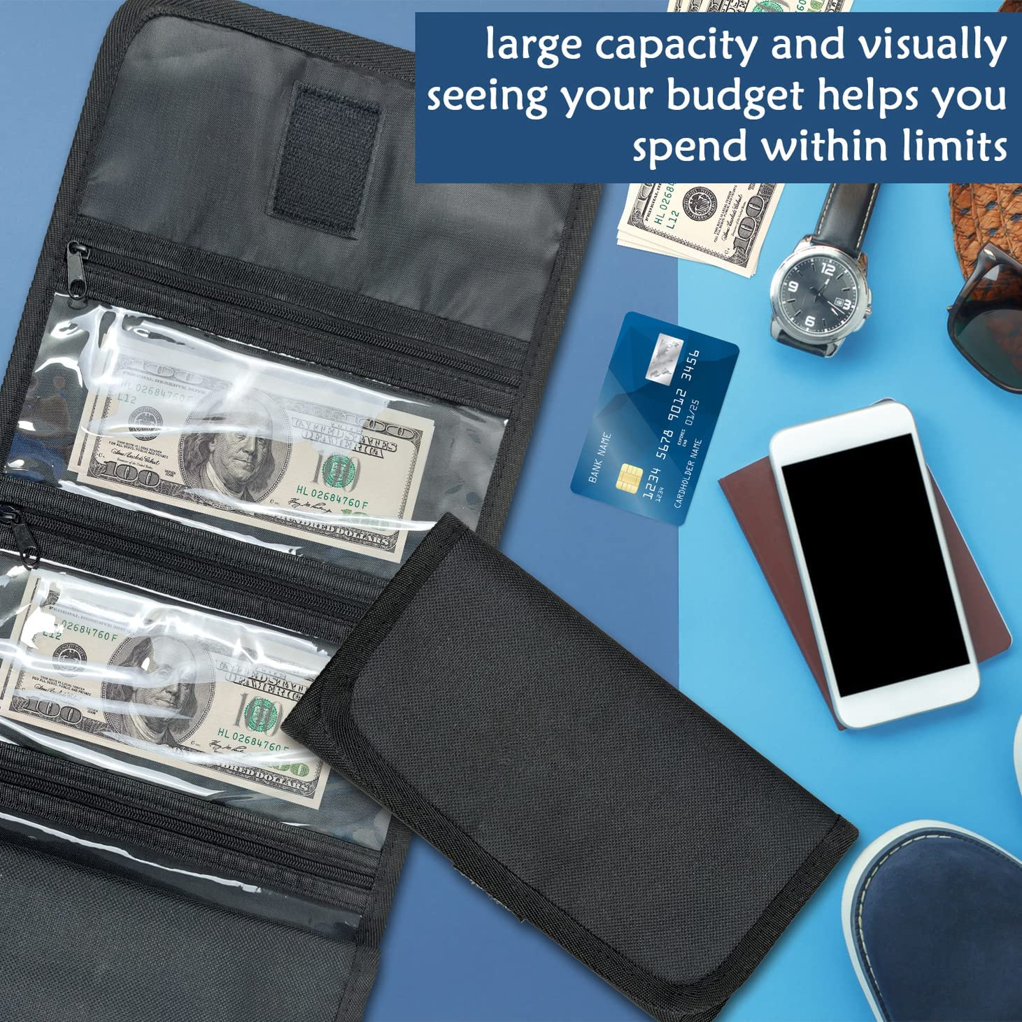 Money Wallet, Organizer for Cash with 6 Zippered Pocket Multipack Pouch, Bill... - Picture 3 of 13