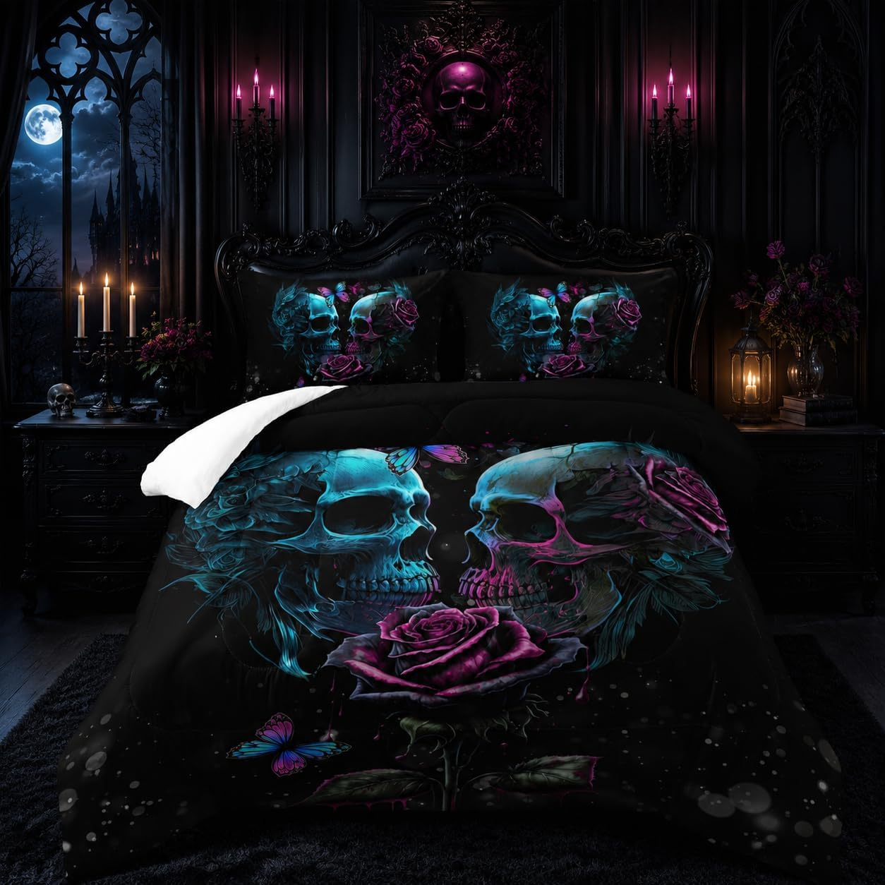 Skull Bedding Set Queen Size,Goth Bedding Sets Queen with Comforter,Skull Comforter Set,Rose Comforter Halloween Skull Bed Comforter,Black Bedding Skull Quilt