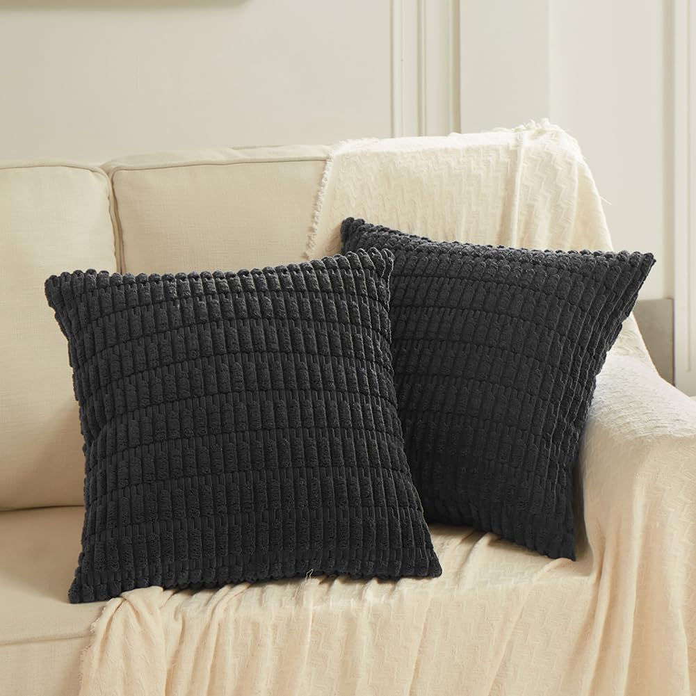 2 Packs Black Decorative Throw Pillow Covers 18x18 Inch for Living Room Couch Bed Sofa, Rustic Farmhouse Boho Home Decor, Soft Striped Corduroy Square Cushion Case 45x45 cm