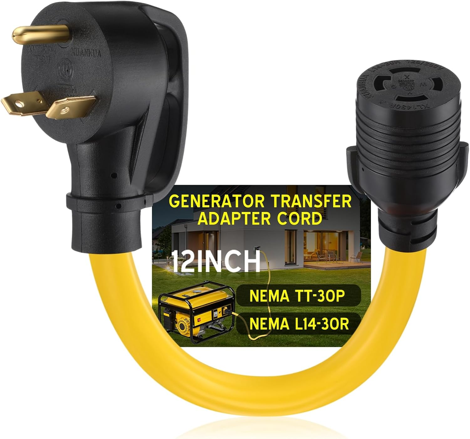 TT-30P to L14-30R 30A Generator Adapter Cord 12in 7500W STW 10AWG Yellow ETL