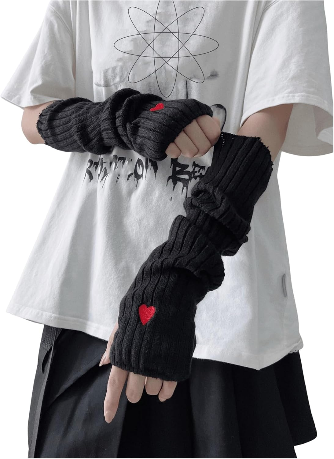 Women's Y2k Arm Warmers Heart Knit Arm Sleeves Fingerless Gloves Black One-Size