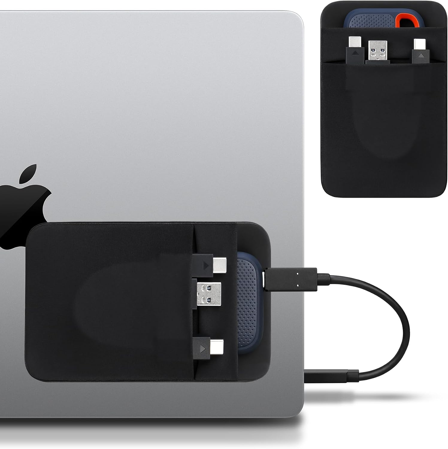 Pochette Adhésive 3 Compartiments Pour Ordinateur Portable - Support Pour Souris, Disque Dur, Câbles - Adhésif 3M Réutilisable, Noir - 2