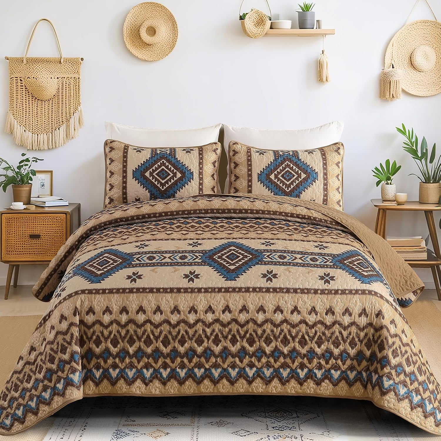 Brown Boho Quilt Set Queen，3 Pieces Aztec Texture Bedspread Southwestern Coverlet Set Soft Lightweight Bed Cover for All Season Microfiber Bedding with 2 Pillowcases(Brown,96