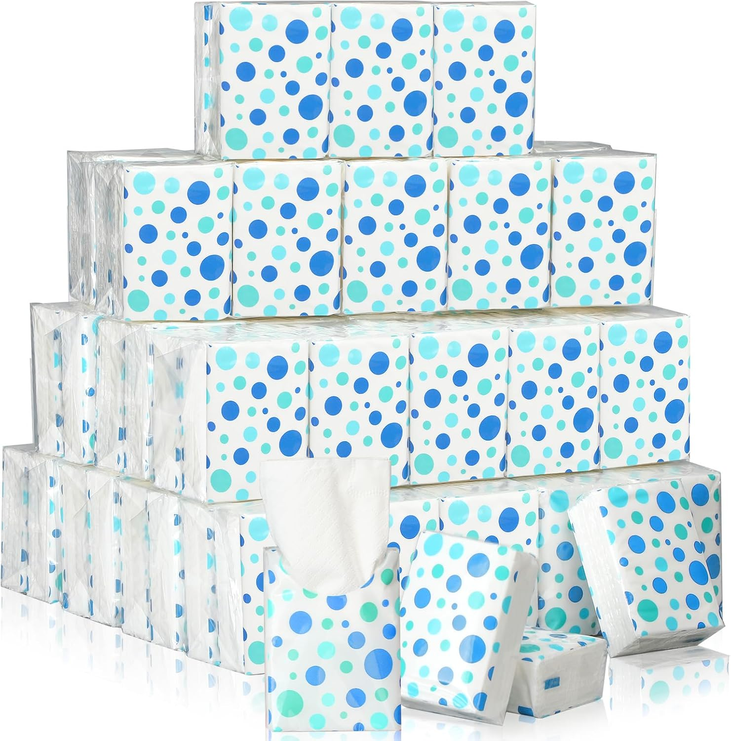 50 Pack Polka Dot Pocket Tissues Travel Packs Bulk 500 Sheet Small Tissues Bulk Packs 3 Ply Mini Travel Size Paper Individual Pocket Size (Blue Random Dots)