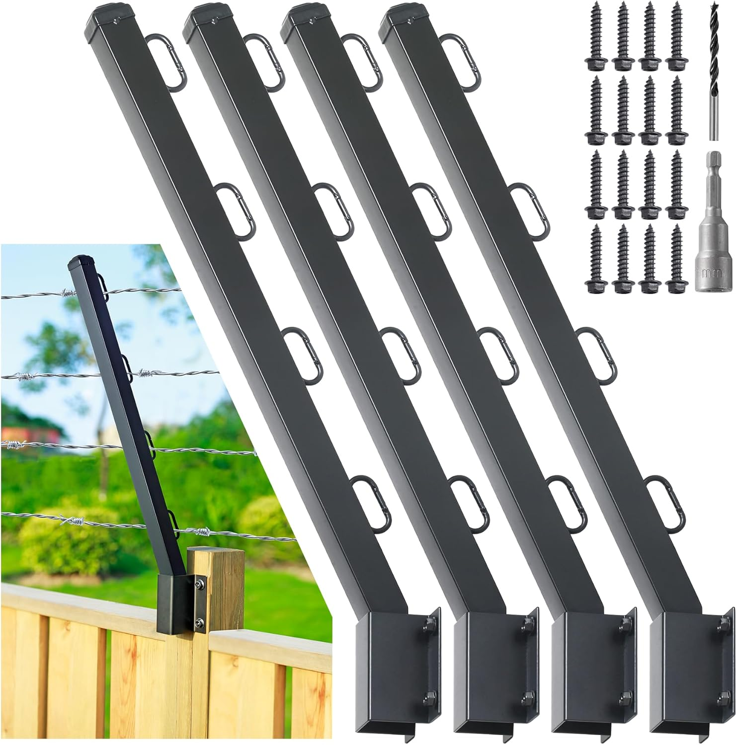 4-Pack Angle 25° Fence Post Extender, 23.5" Fence Barbed Wire Extend Arm,For Outdoor Fences to Increase Height, Protect Privacy and Pets Jumping off (4, 23.5In-25°Angles - Wood Post)