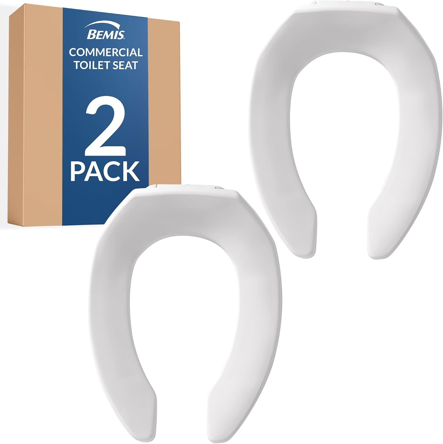 2 Pack Commercial Open Front Plastic Toilet Seat, Heavy Duty Industrial Seat without Lid, Secure Installation for Long Lasting Use, Made in USA, Elongated, White, 1955CT