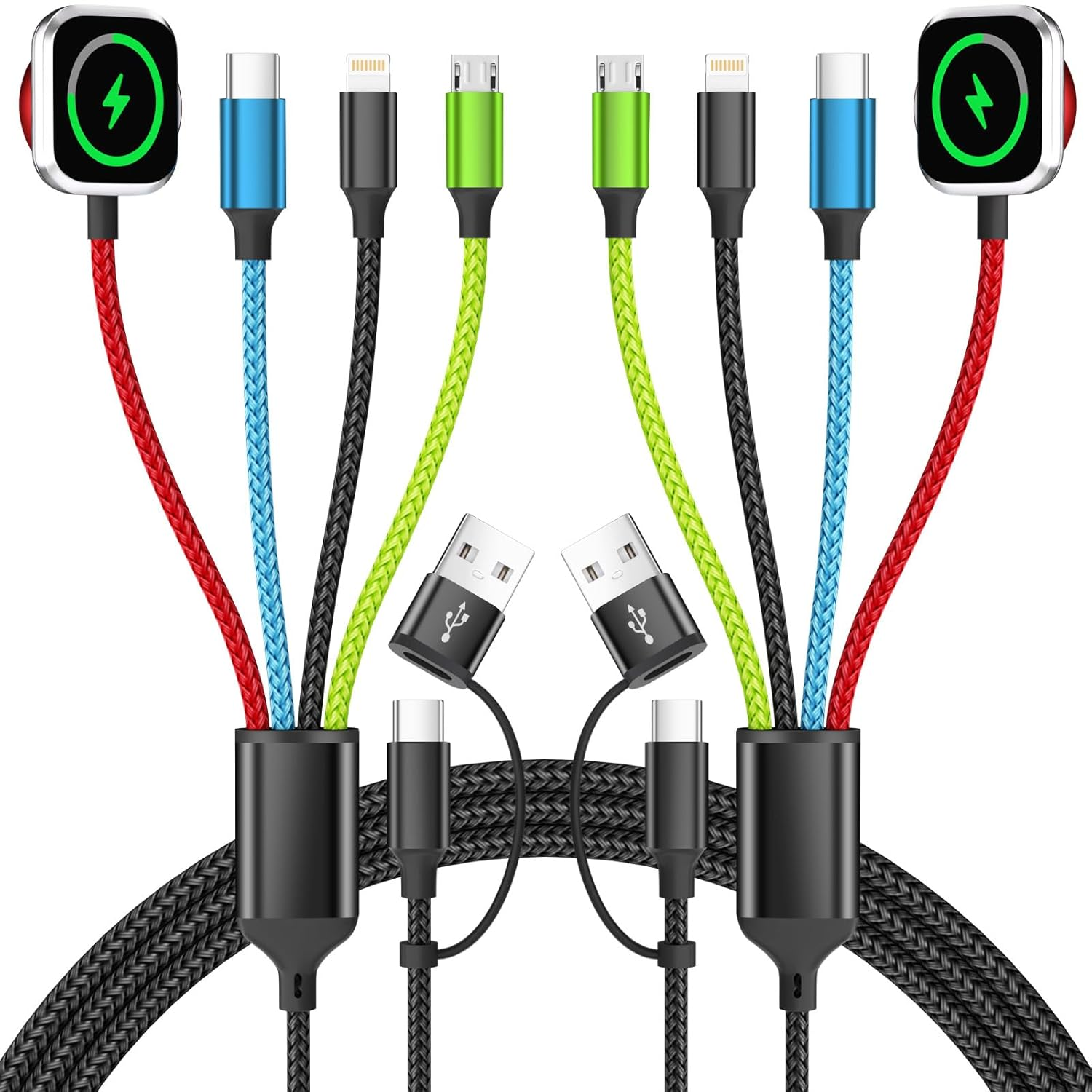 Travel Essentials 2026 4-In-2 Multi Charging Cable with Iwatch Charger [2Pack 5FT], Nylon Charging Cords, USB C USB a Phone Charger for Multiple Devices, Cruise Essentials Car Accessories