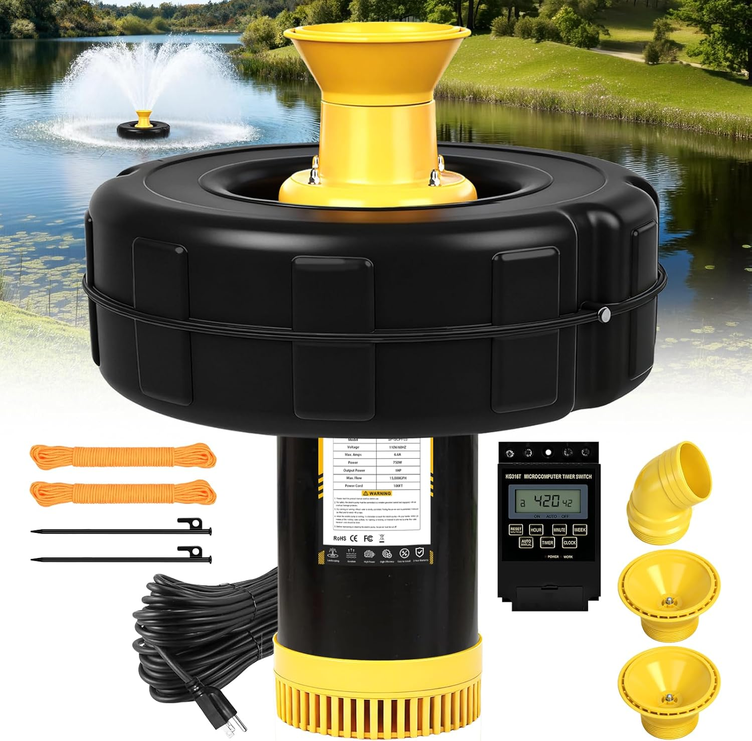 Pond Fountain Aerator, 1HP 110V 750W 15000 GPH Powerfui Floating Fountain Pump, Unpack and Deploy, with 100FT Power Cord, Timer, Aerating Fountain for Large Ponds Lakes Jet System