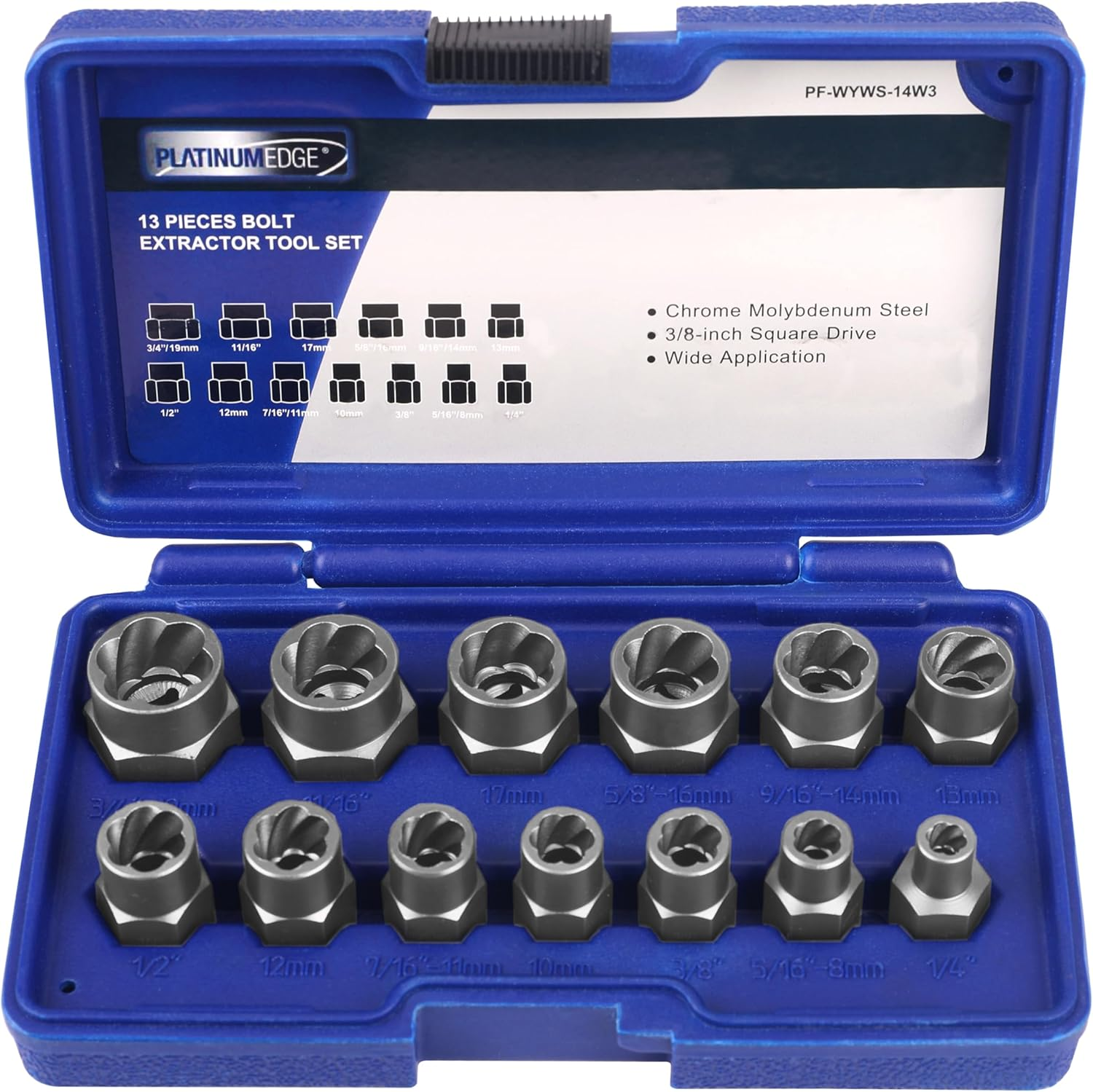 13 Pieces Impact Bolt & Nut Remover Set, Bolt Extractor Set, Cr-Mo Extraction Tool Set with Solid Storage Case, for Stripped, Rusted Nuts & Bolts