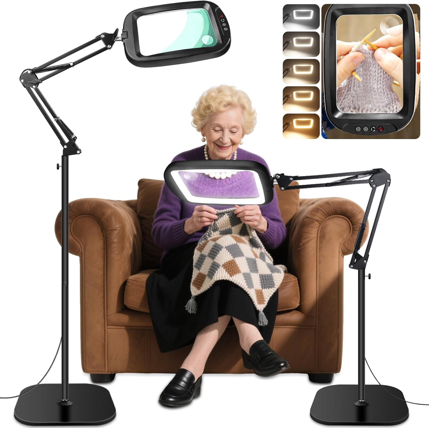 30X 10X Extra Large Floor Magnifying Glass with Light and Stand,7-Inch Adjustable Height Floor Magnifying Lamp,2 in 1 Lighted Magnifiers for Close Work, Sewing,Crafts,Hobbies,Reading,Black