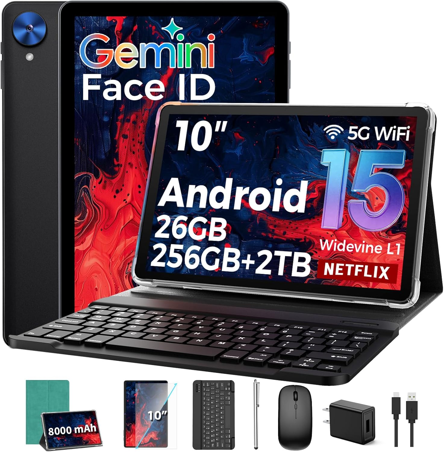 Tablet with Keyboard, 2026 Android 15 Tablet with 26GB+256GB+2TB Expand, 10 Inch Tablet PC with 8-Core, Gemini AI, 5G Wifi, 8000Mah, BT5.0, GPS, Electronics Tablets with Case/Mouse/Stylus(Green Case)