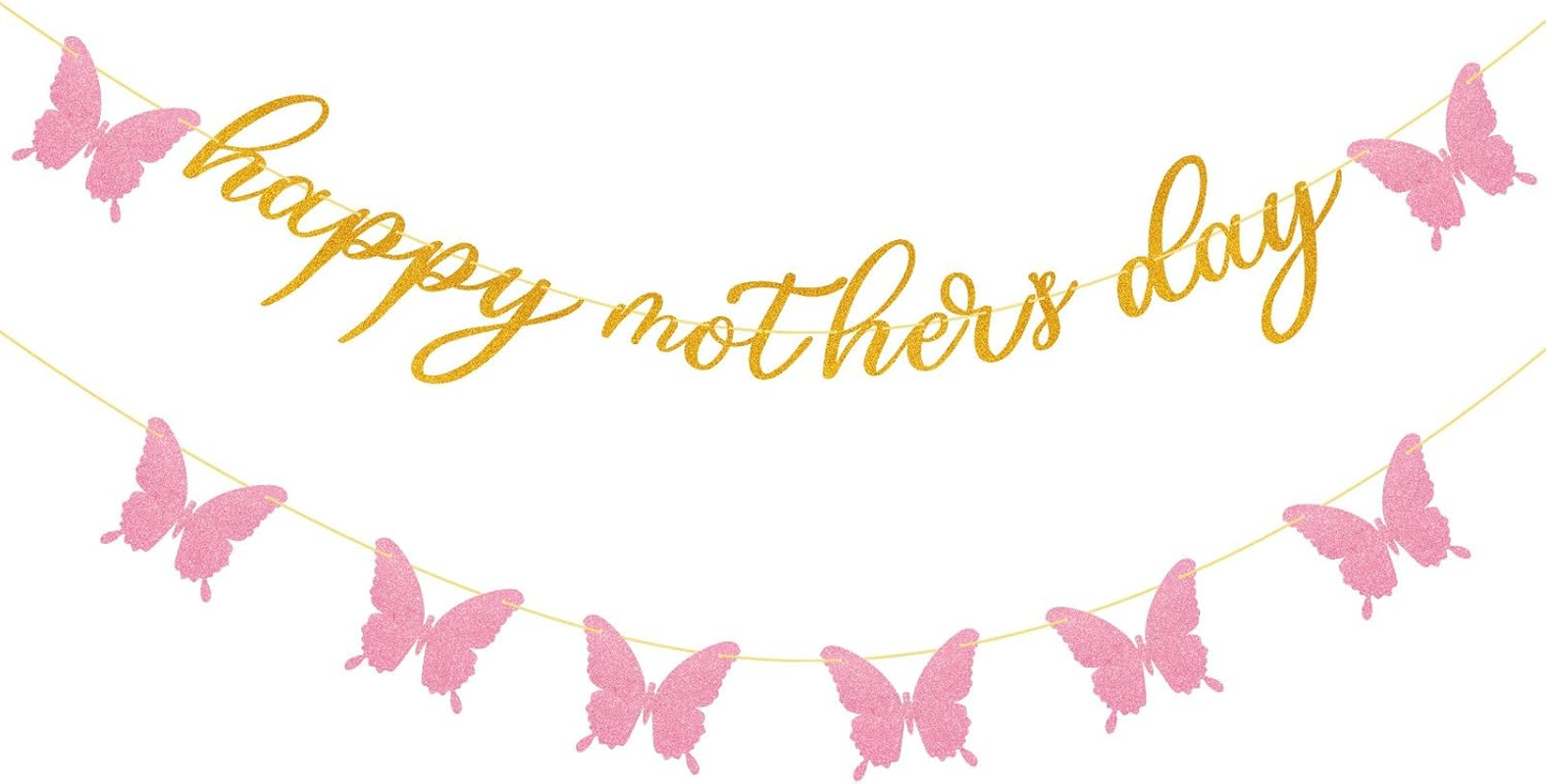 Happy Mother's Day Banner Decorations for Party Glitter Gold Pink Butterfly for Mother's Day Party Decorations Backdrop Garland Photo Props