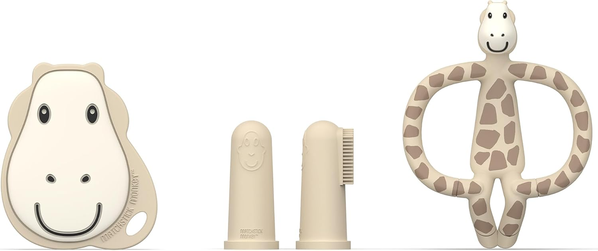 , Antimicrobial Teething Starter Set - 1 Flat Face Teether, 1 Animal Teether, 2 Silicone Finger Toothbrushes, 3 Months Old+, Gigi Giraffe