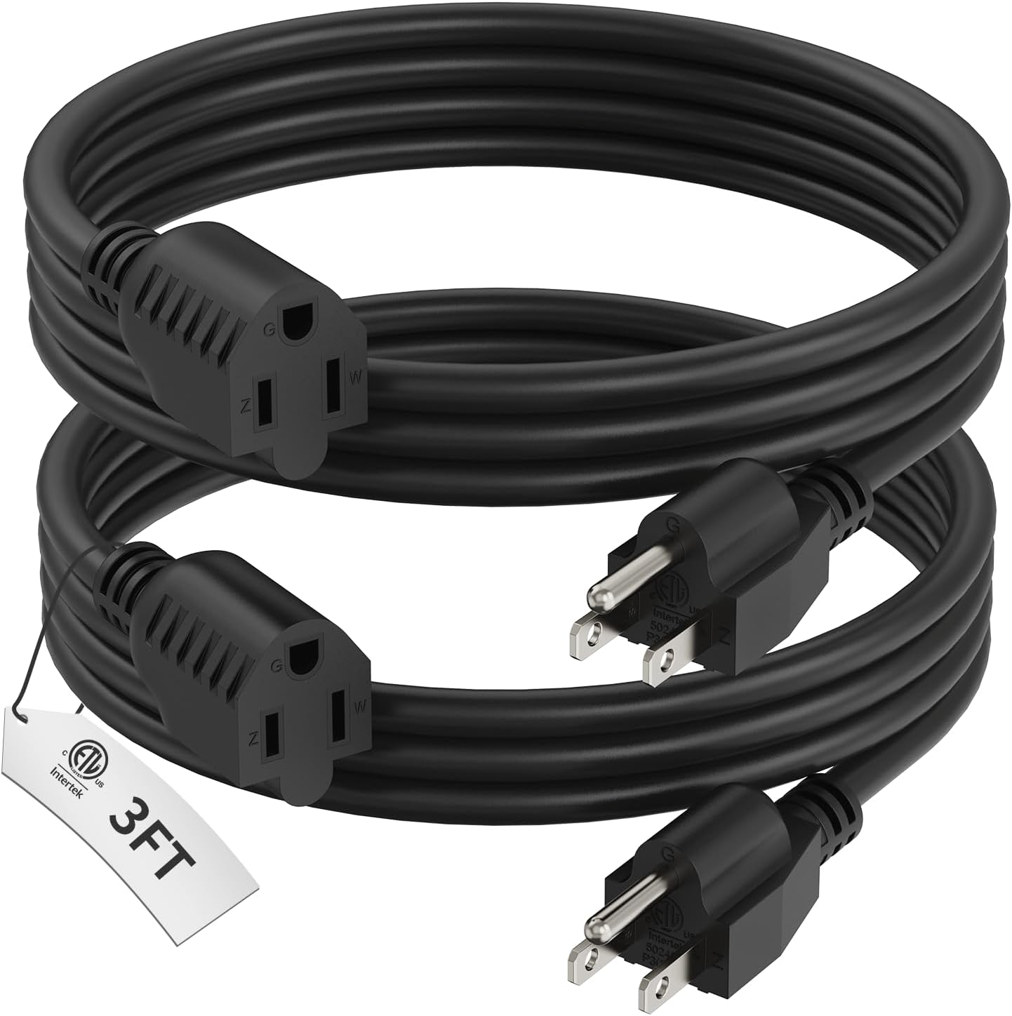 3 Foot Extension Cord Black, 2-Pack Short Power Cord, Indoor/Outdoor 16 Gauge 3 Prong Grounded Wire ETL Listed, 13A 1625W 125V SJTW