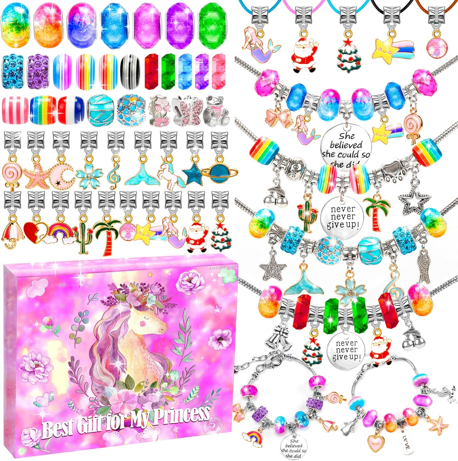 AMAZING TIME 130 Pcs Charm Bracelet Making Kit, Jewelry Toy for Girl Age 8-12 Beads Craft Set for 5 6 7 8 9 10 11 12 Year Old Teenage Birthday Gift
