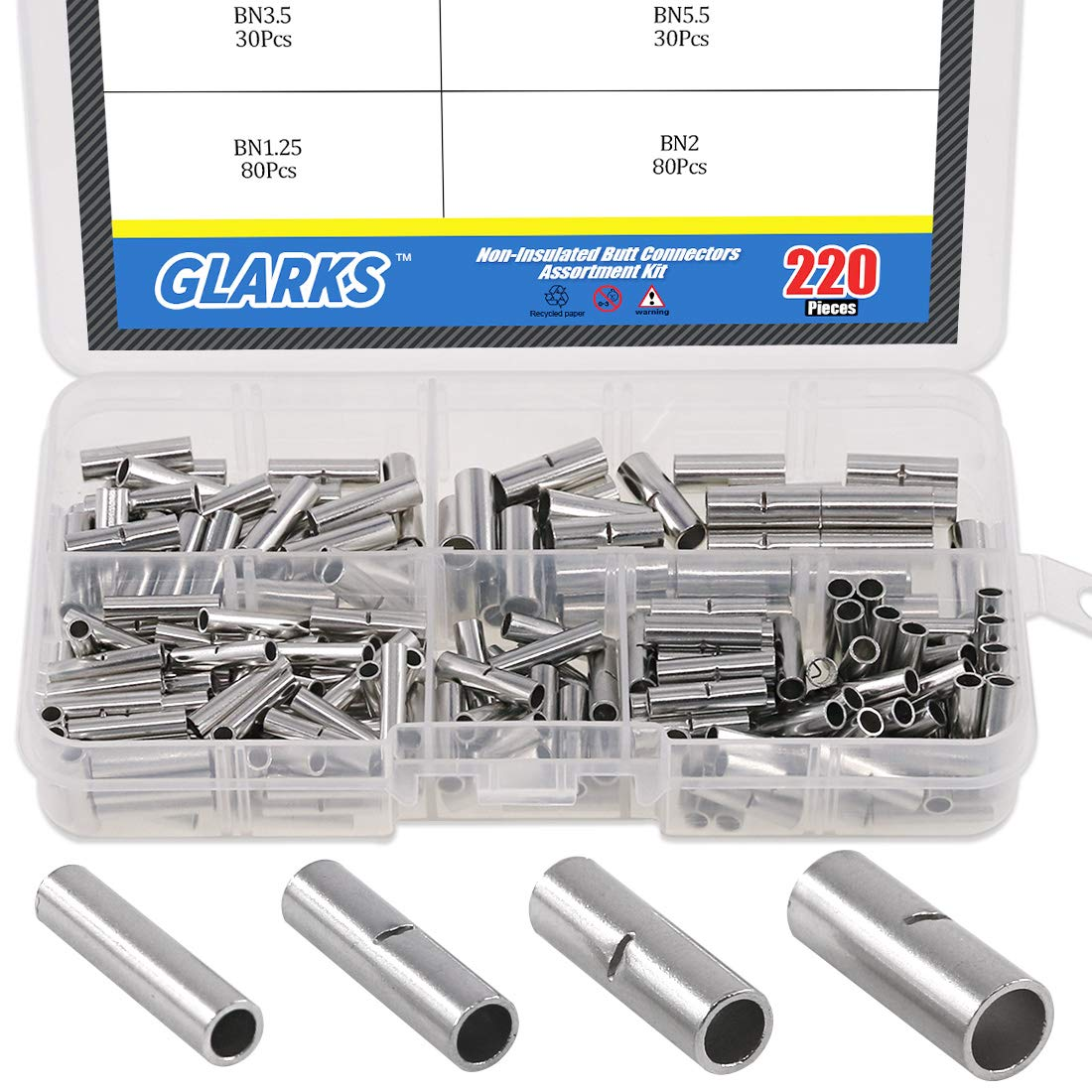 220Pcs Non-Insulated Butt Connectors Assortment Kit, 22-16/16-14/14-12/12-10 AWG Gauge Seamless Uninsulated Electrical Wire Ferrule Cable Crimp Terminal Kit for Electrical Splice DIY