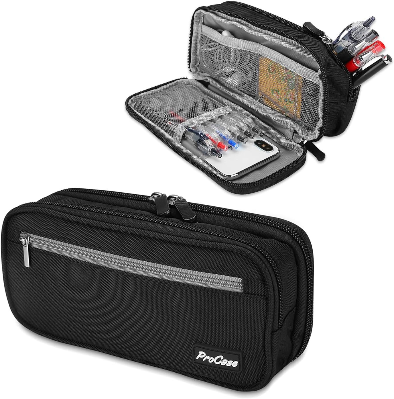 Pencil Case Pen Bag, Two Layers Big Capacity Pencil Pouch Pen Organizer Durable Stationery Holder for Marker Organization School Supplies Office Storage Desk Organizing –Black