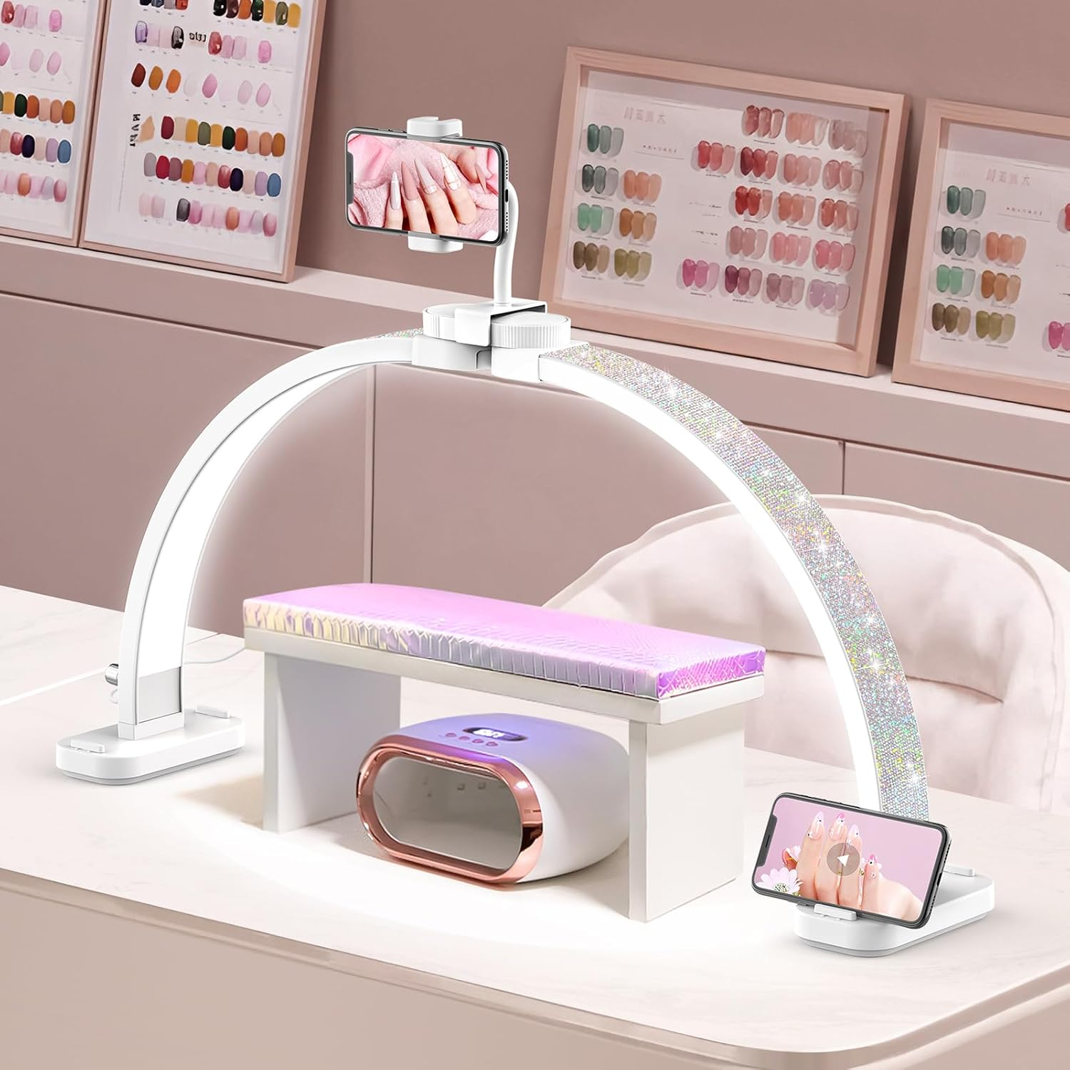 Half Moon Light for Nail Desk: 31-Inch Manicure Table Light with Phone Holder for Beginner DIY - 48W Professional Half Moon Lamp for Nail Tech,Eyelash,Makeup,Tattoo