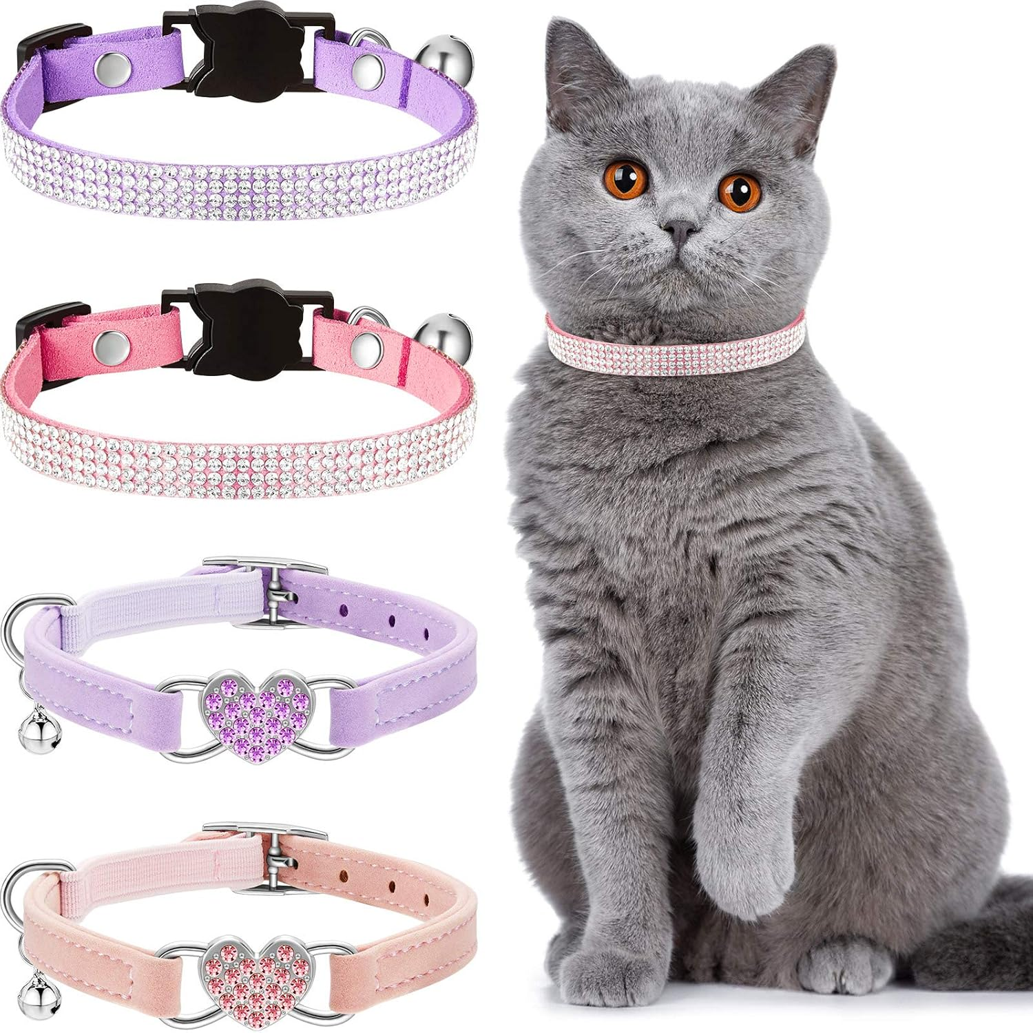 4 Pcs Rhinestone Cat Collar Heart Bling Breakaway Girl Cat Soft Velvet Fancy Adjustable Safety Kitten Collar with Bell for Kitty(Pink, Purple)