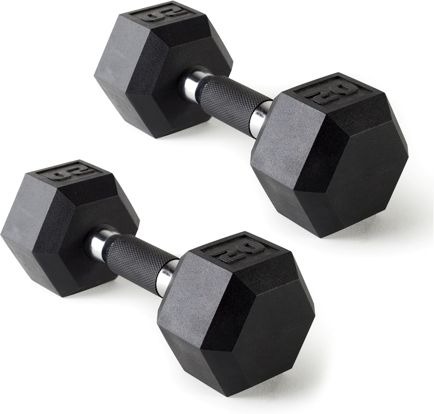 CAP Rubber Coated Dumbbell Weights, Free Weights for Home Gym Strength Training, Anti-Roll Hex Dumbbells with Black, Chrome & Comfort Grip Handles, Pairs & Sets
