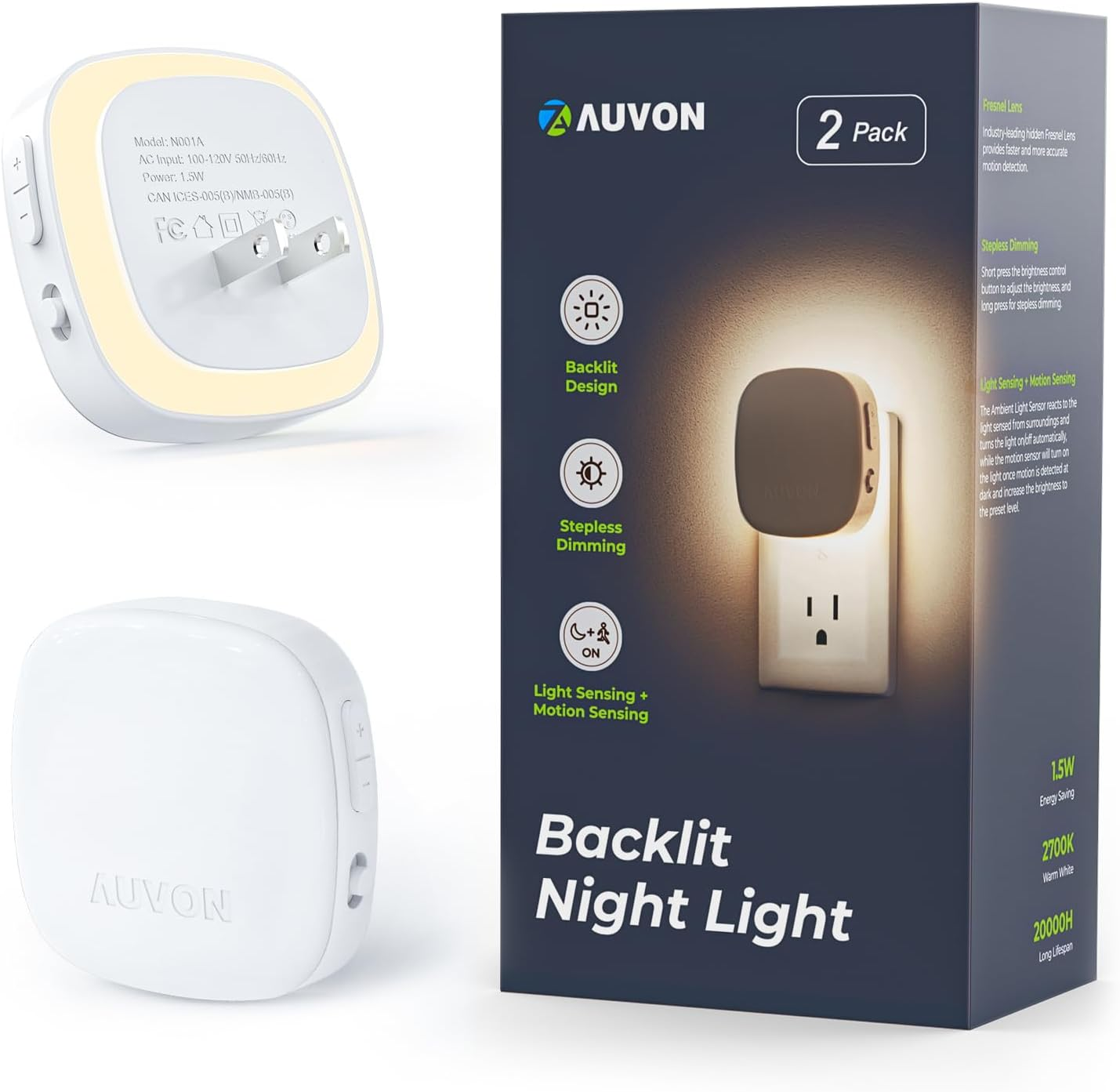 Plug-In LED Backlit Night Light with Motion Sensor & Dusk to Dawn Sensor, Dimmable Warm White Nightlight with 1-50 Lm Adjustable Brightness for Bathroom, Bedroom, Hallway, Stairs (2 Pack)