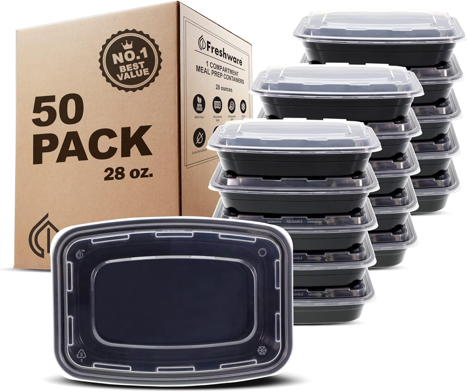 Meal Prep Containers [50 Pack] 1 Compartment with Lids, Food Storage Containers, Bento Box, BPA Free, Stackable, Microwave/Dishwasher/Freezer Safe (28 Oz)