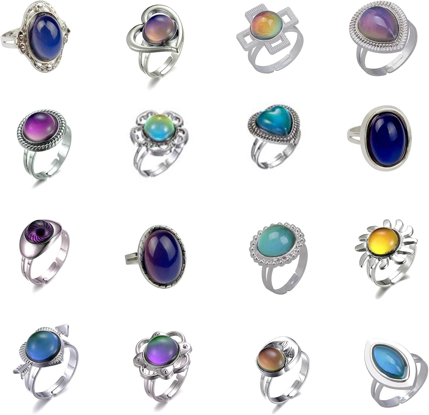 16Pcs Mixed Mood Rings Classic Temperature Change Color Mood Ring (Adjustable Size)